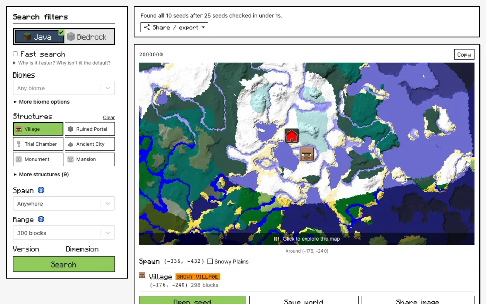 Finder results: seeds with a village near the world centre, each with a biome thumbnail