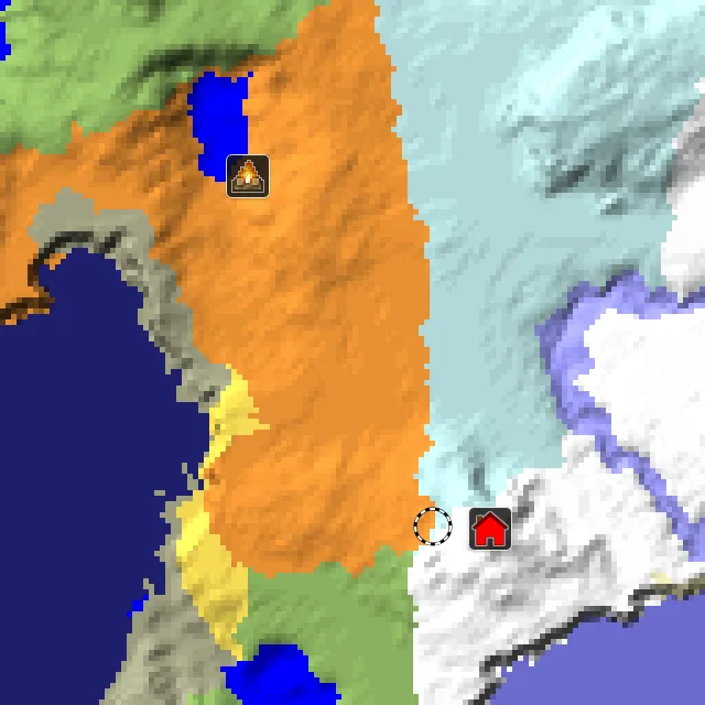 Overworld biome map of seed 17108149081942125 around spawn, with the abandoned camp and dappled forest marked