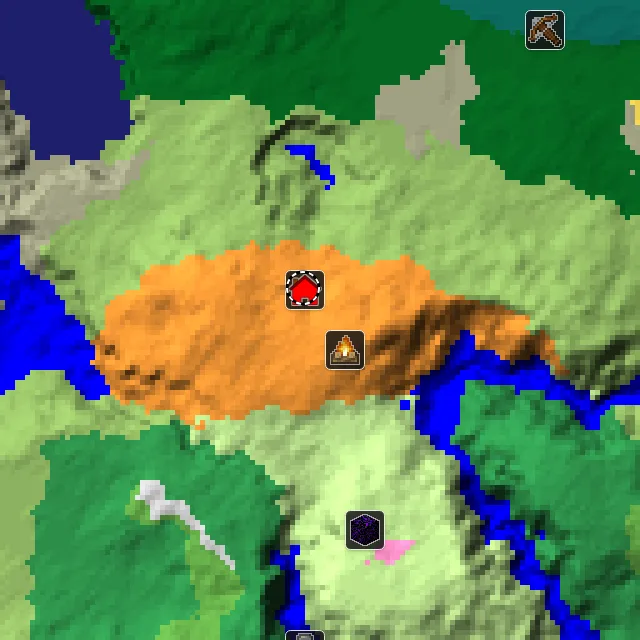 Overworld biome map of seed 17277575243043769 around spawn, with the abandoned camp and dappled forest marked