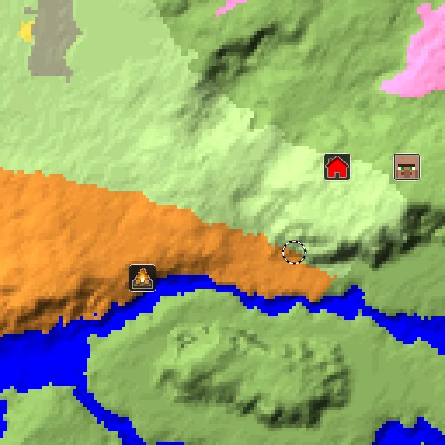 Overworld biome map of seed 2461477476460289 around spawn, with the abandoned camp and dappled forest marked