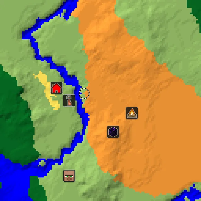 Overworld biome map of seed 4540005795369143 around spawn, with the abandoned camp and dappled forest marked