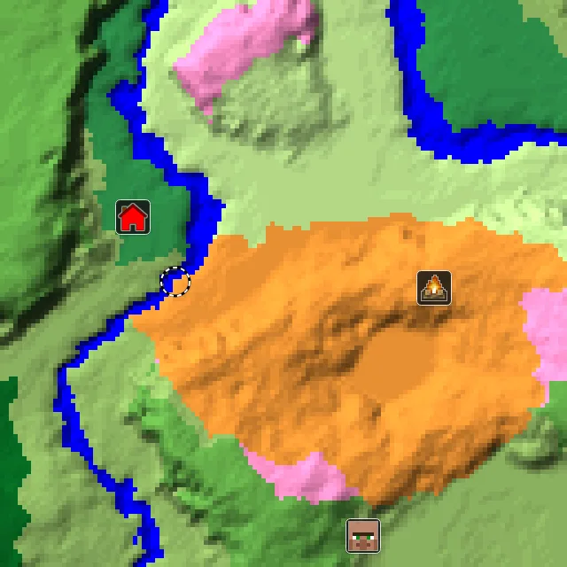 Overworld biome map of seed 5096246946705467 around spawn, with the abandoned camp and dappled forest marked