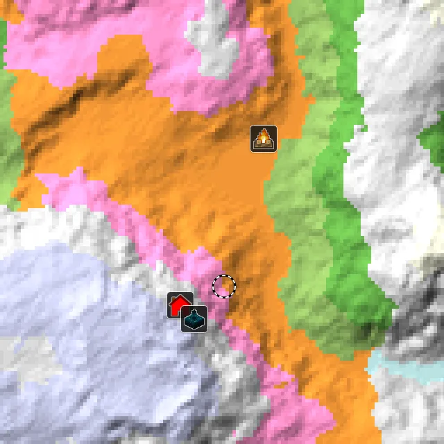 Overworld biome map of seed 6378256306624431 around spawn, with the abandoned camp and dappled forest marked
