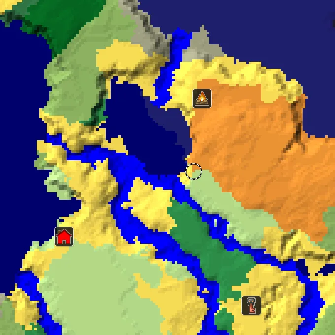 Overworld biome map of seed 6863001104749494 around spawn, with the abandoned camp and dappled forest marked