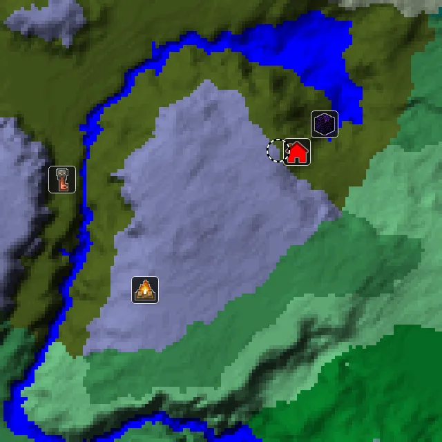 Overworld biome map of seed 17202526513719721 around spawn, with the abandoned camp and pale garden marked