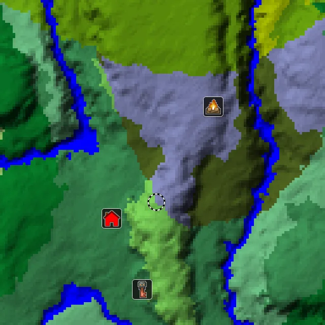Overworld biome map of seed 6288608918385347 around spawn, with the abandoned camp and pale garden marked