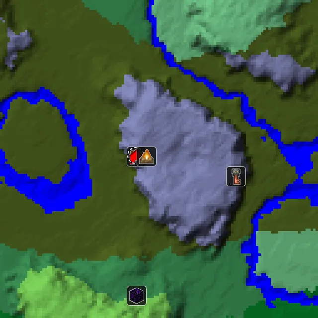 Overworld biome map of seed 7608428869712543 around spawn, with the abandoned camp and pale garden marked