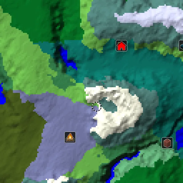 Overworld biome map of seed 8562851341419051 around spawn, with the abandoned camp and pale garden marked