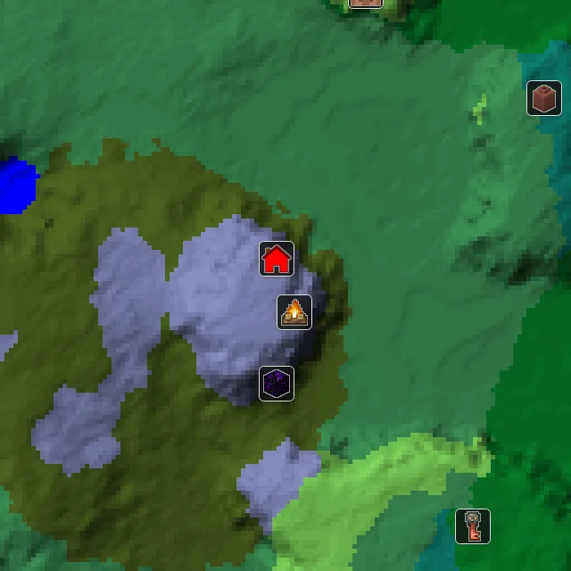 Overworld biome map of seed 1697828004813856 around spawn, with the abandoned camp marked