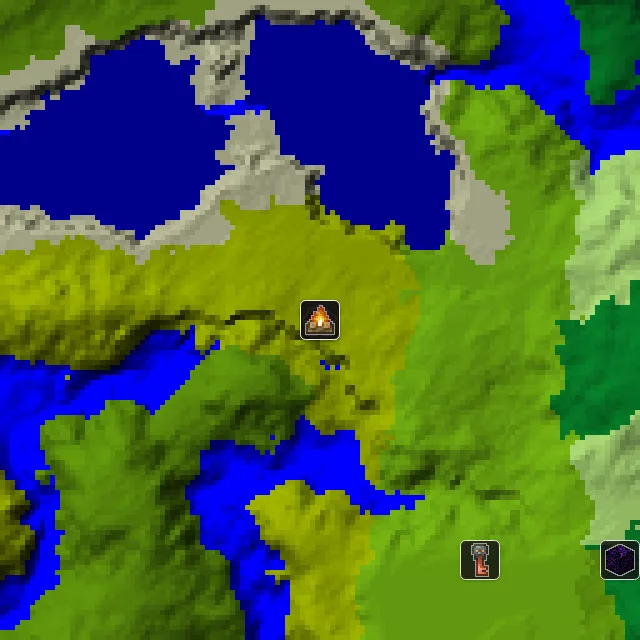 Overworld biome map of seed 205941381969480 around spawn, with the abandoned camp marked