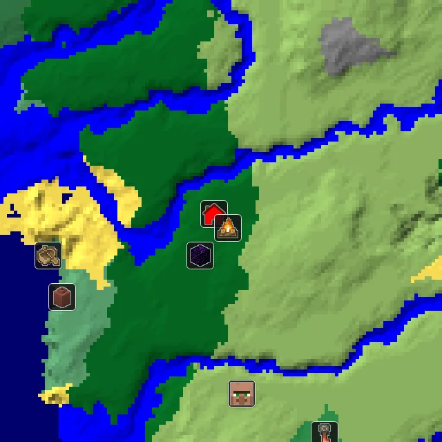Overworld biome map of seed 64630255946901 around spawn, with the abandoned camp marked