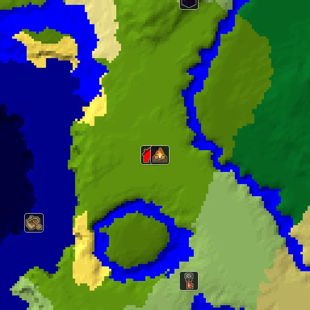 Overworld biome map of seed 857638595174584 around spawn, with the abandoned camp marked