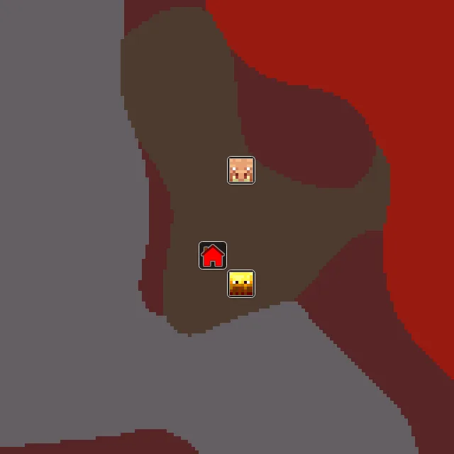 Nether biome map of seed 206213312664520 around Nether 0, 0, with the bastion and fortress marked