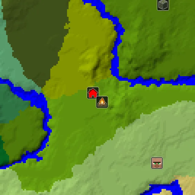 Overworld biome map of seed 200818530366781 around spawn, with the abandoned camp marked