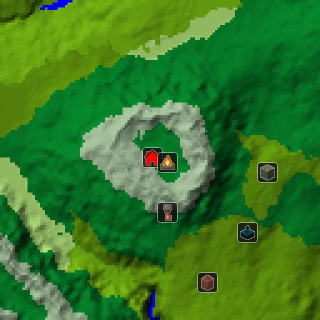 Overworld biome map of seed 239460902976256 around spawn, with the abandoned camp marked