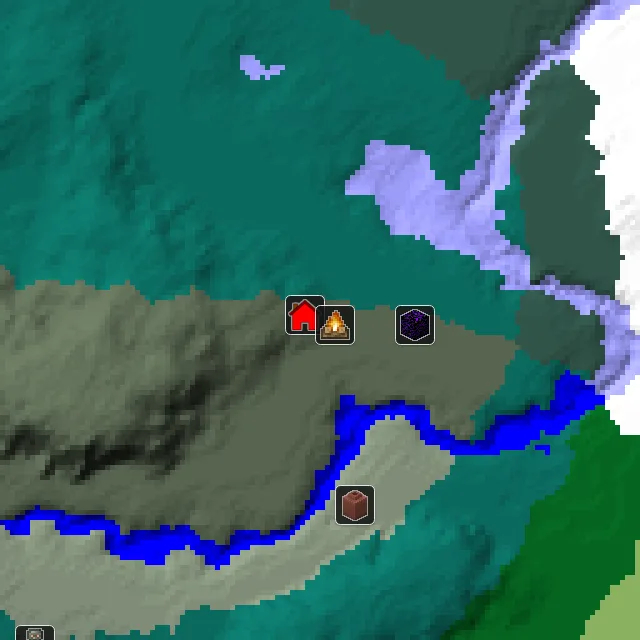 Overworld biome map of seed 298920846473621 around spawn, with the abandoned camp marked