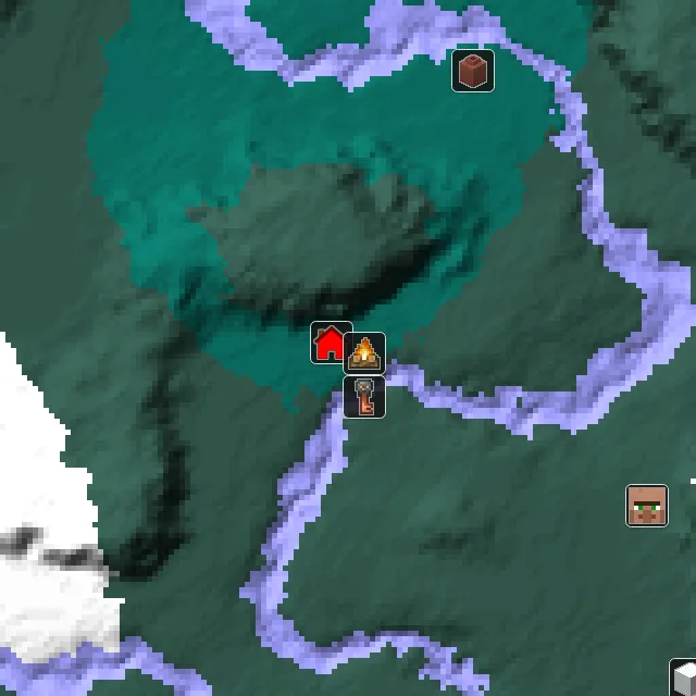 Overworld biome map of seed 611300106267071 around spawn, with the abandoned camp marked