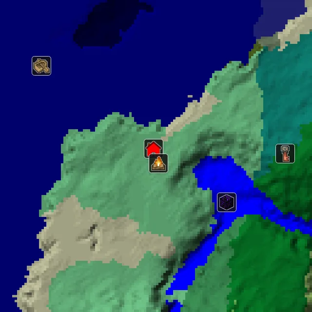 Overworld biome map of seed 852654146588214 around spawn, with the abandoned camp marked