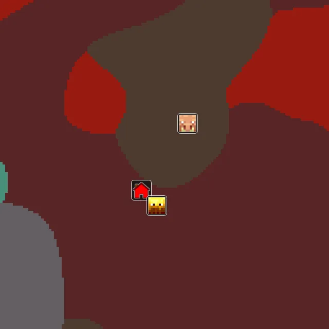 Nether biome map of seed 117039863331897 around Nether 0, 0, with the bastion and fortress marked