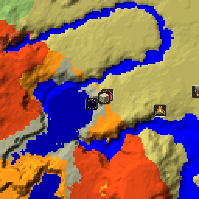 Overworld biome map of seed 12367940323881883 around spawn, with the desert pyramid and ruined portal marked