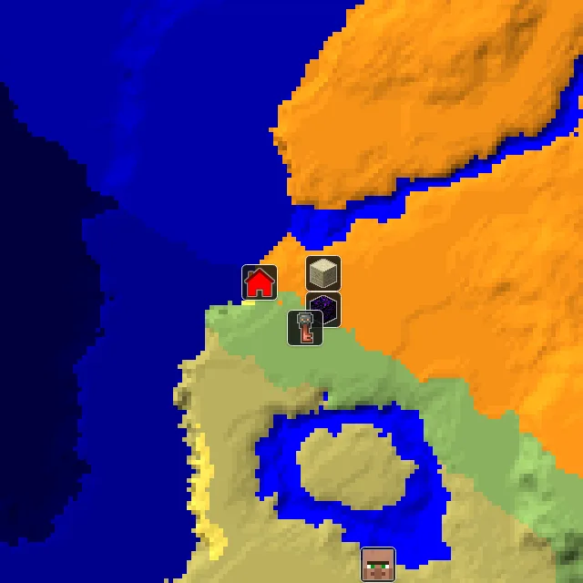 Overworld biome map of seed 18657025992596728 around spawn, with the desert pyramid and ruined portal marked