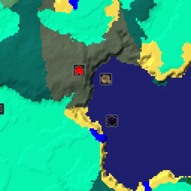 Overworld biome map of seed 2131934266655761 around spawn, with the shipwreck and ruined portal marked