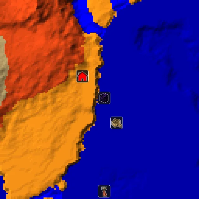 Overworld biome map of seed 4533973162155335 around spawn, with the shipwreck and ruined portal marked