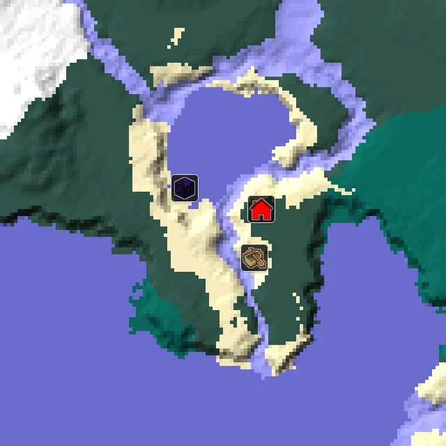 Overworld biome map of seed 977013834621458 around spawn, with the shipwreck and ruined portal marked