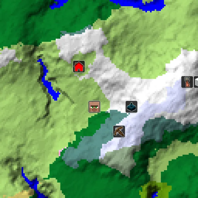 Overworld biome map of seed 2584669758781327 around spawn, with the village and outpost marked