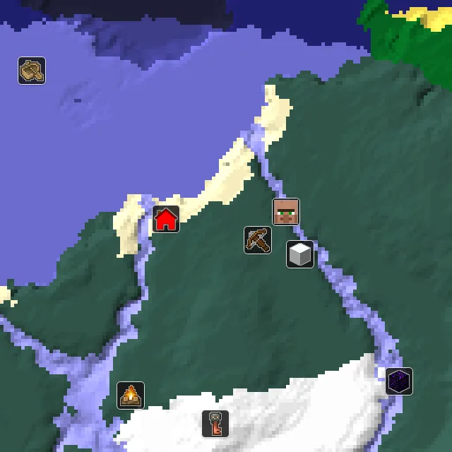 Overworld biome map of seed 511850415626742 around spawn, with the village and outpost marked