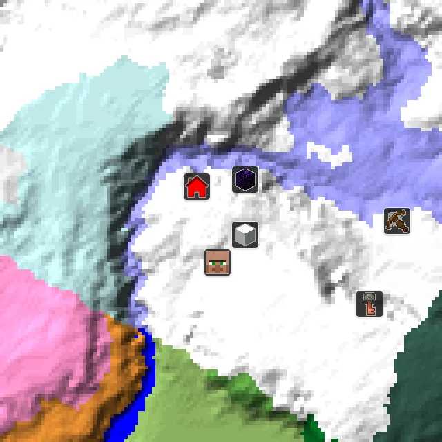 Overworld biome map of seed 34478215336451 around spawn, with the village and ruined portal marked