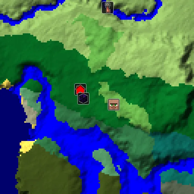 Overworld biome map of seed 352997457058882 around spawn, with the village and ruined portal marked
