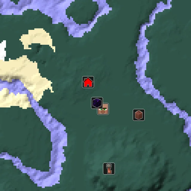 Overworld biome map of seed 417580112219727 around spawn, with the village and ruined portal marked