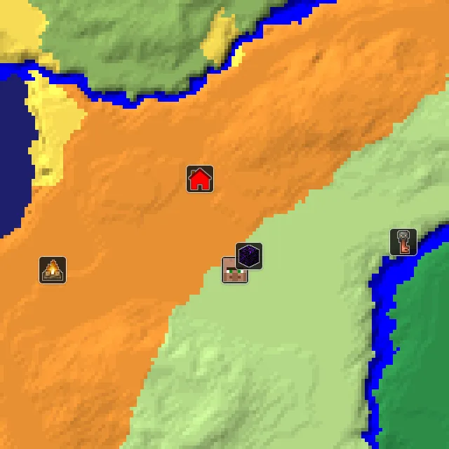 Overworld biome map of seed 966337791244597 around spawn, with the village and ruined portal marked