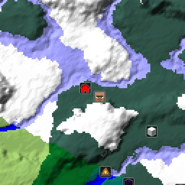 Overworld biome map of seed 145967037466775 around spawn, with the village marked