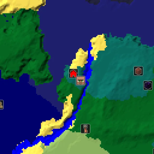 Overworld biome map of seed 2268324973441129 around spawn, with the village marked