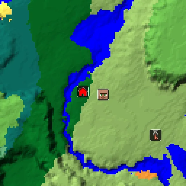 Overworld biome map of seed 523224314058620 around spawn, with the village marked