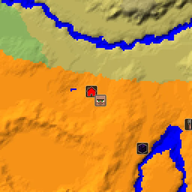 Overworld biome map of seed 708916990888208 around spawn, with the village marked