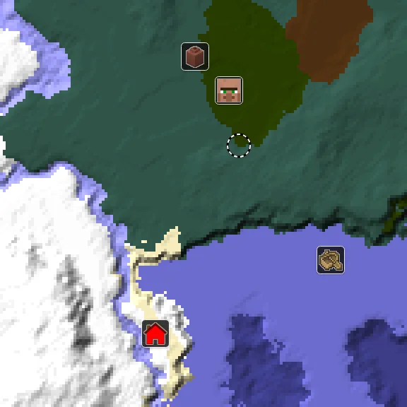 Overworld biome map of seed 1041159464101423 around spawn at Y 0, with the village and lush caves marked