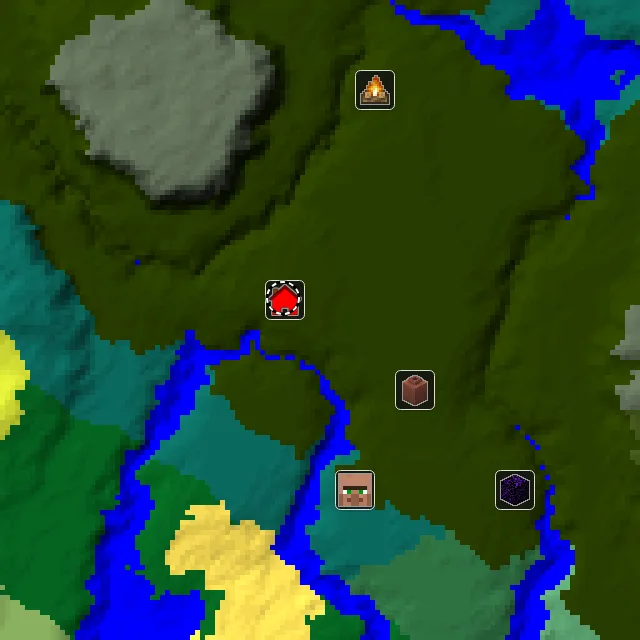 Overworld biome map of seed 255387778765642 around spawn at Y 0, with the village and lush caves marked