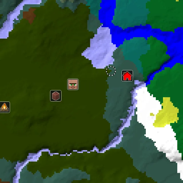Overworld biome map of seed 346438135710306 around spawn at Y 0, with the village and lush caves marked