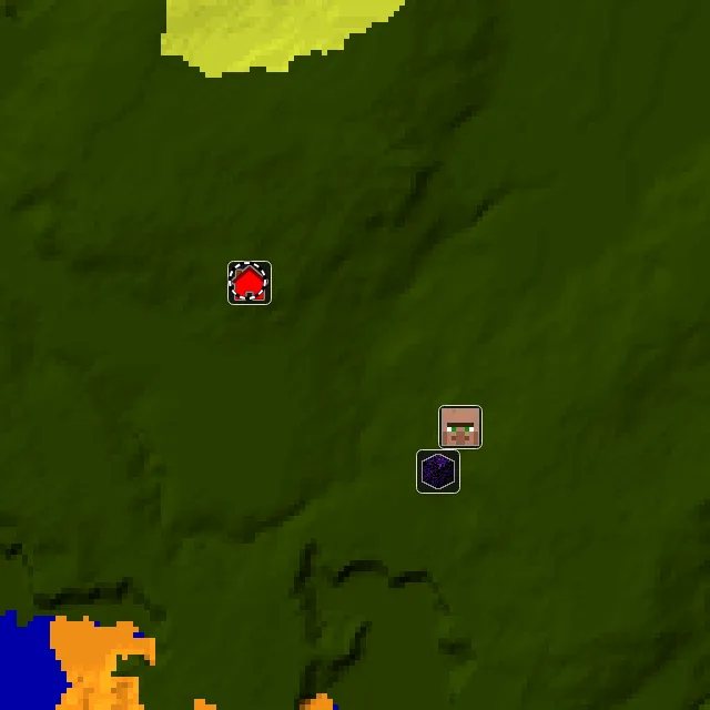 Overworld biome map of seed 992001349123616 around spawn at Y 0, with the village and lush caves marked