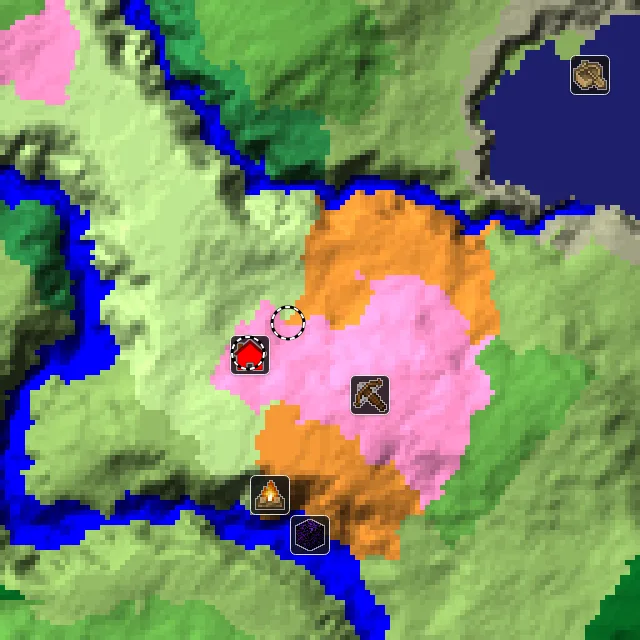 Overworld biome map of seed -2453593619936133549 around spawn, with the dappled forest and cherry grove marked
