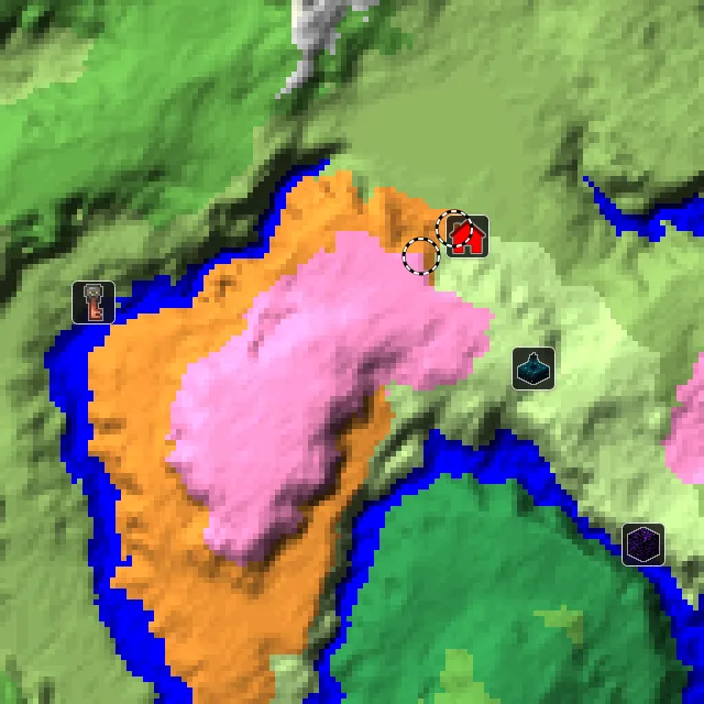 Overworld biome map of seed -278267412247256029 around spawn, with the dappled forest and cherry grove marked