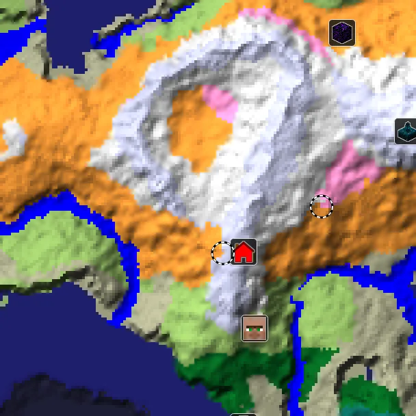 Overworld biome map of seed 5751028428224877539 around spawn, with the dappled forest and cherry grove marked