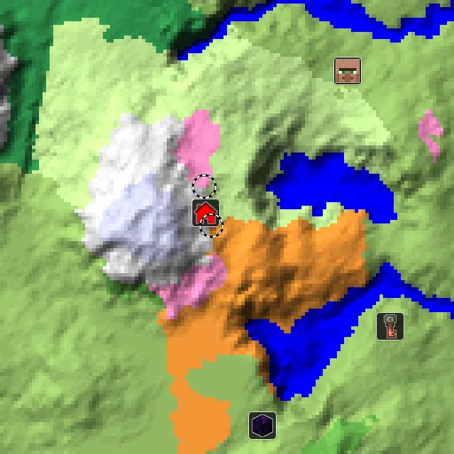 Overworld biome map of seed 8371336556850631860 around spawn, with the dappled forest and cherry grove marked