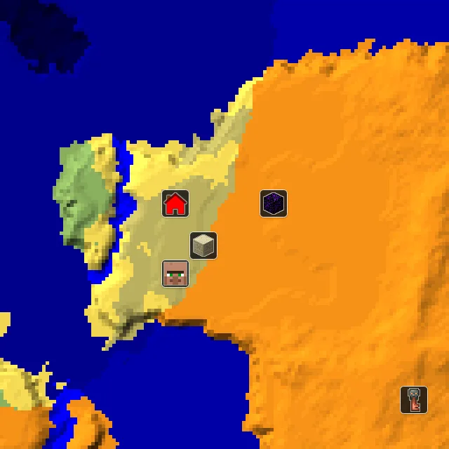 Overworld biome map of seed 24408329189616865 around spawn, with the desert pyramid and ruined portal marked