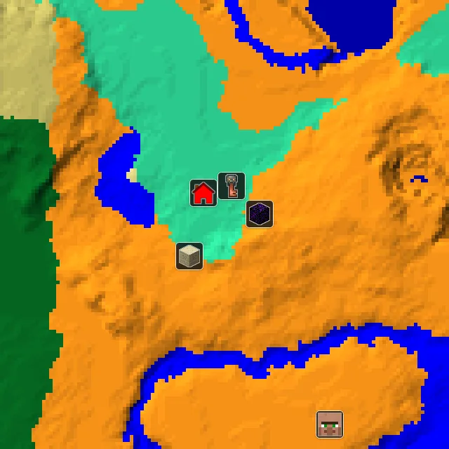Overworld biome map of seed 27497328365495448 around spawn, with the desert pyramid and ruined portal marked
