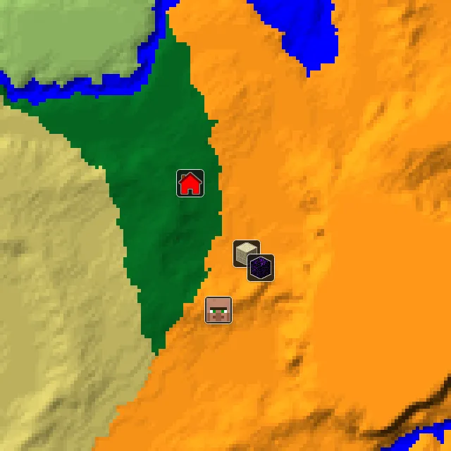 Overworld biome map of seed 28462718234064871 around spawn, with the desert pyramid and ruined portal marked