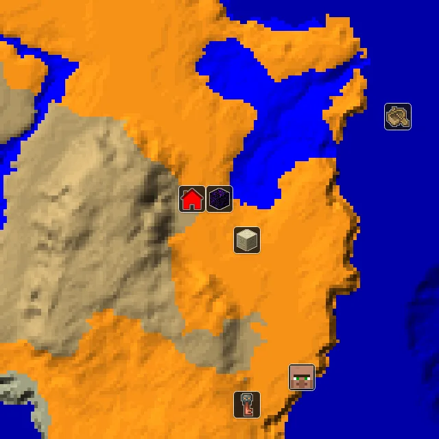 Overworld biome map of seed 45172820309726508 around spawn, with the desert pyramid and ruined portal marked